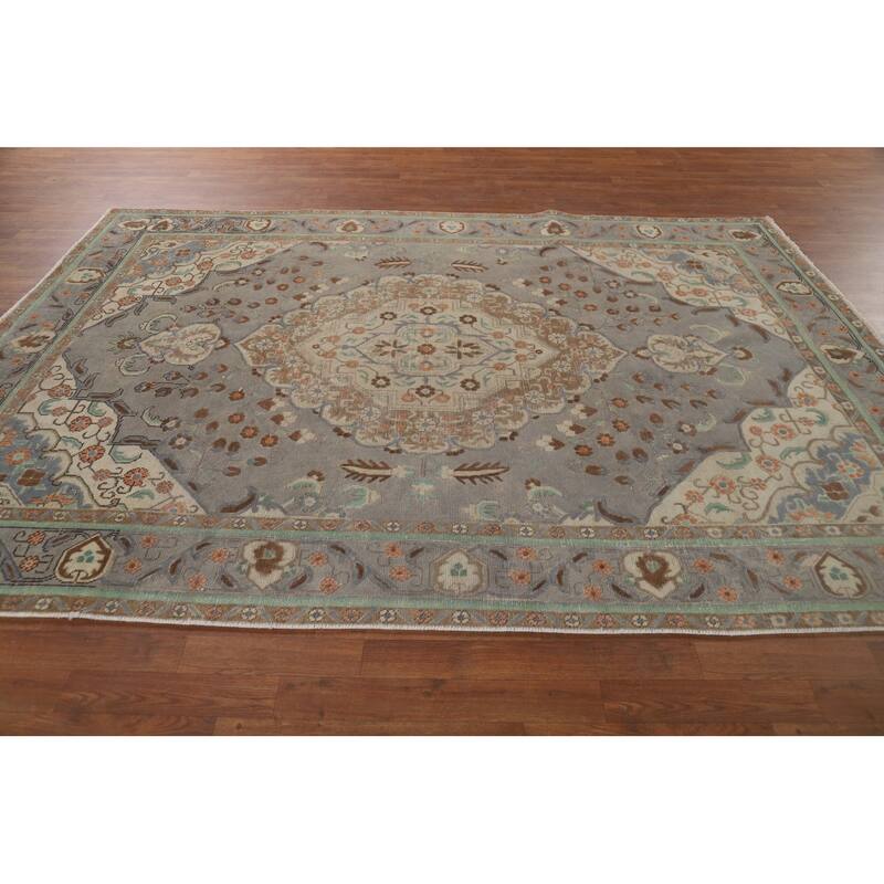 Distressed Grey Tabriz Vintage Persian Rug Hand-Knotted Wool Carpet - 6'7" x 9'4"