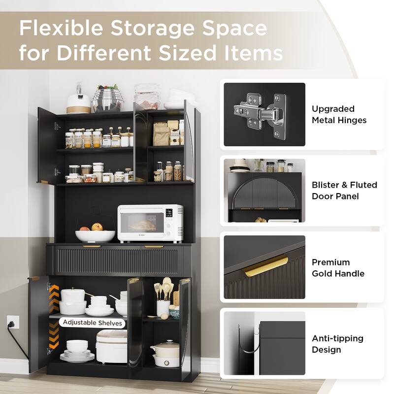 Meyreso 71" Pantry Cabinet, Kitchen Pantry Storage Cabinet with Microwave Stand and Power Outlets