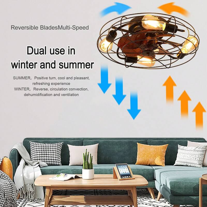 Cusp Barn 20-Inch Farmhouse Caged Ceiling Fan With Light, Low Profile 6-Speed Reversible Ceiling Fan Light with Remote Control