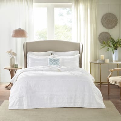 Madison Park Celeste 4 Piece Microfiber Reversible Ruffle Quilt Set with Throw Pillow