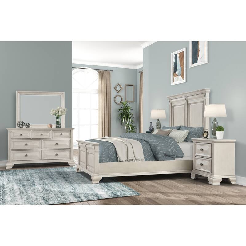 Roundhill Furniture Renova Distressed Parchment Wood Bedroom Set with Panel Bed, Dresser, Mirror, Nightstand, Chest