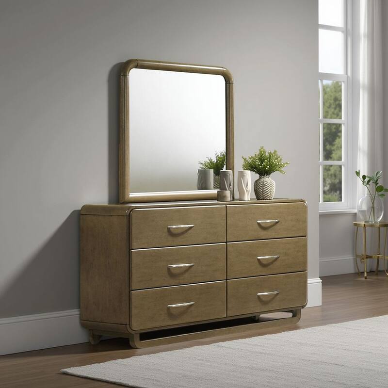 Deon Dresser Mirror, Brown Wood, Round Frame with Curved Top, 37 Inch - Nutmeg Brown