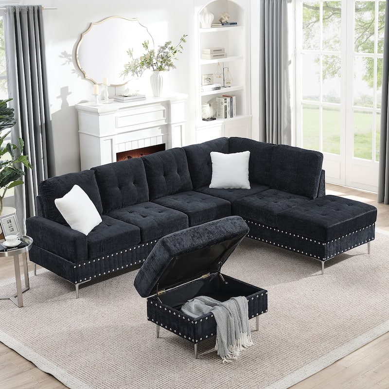 Chenille 3 Seater Couch L-shaped Sectional Sofa with Reversible Chaise, Storage Ottoman, Metal Legs, Copper Nails and 2 Pillows - Navy Blue