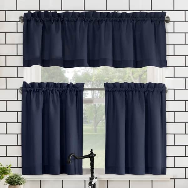 slide 2 of 68, No. 918 Martine Microfiber Semi-Sheer Rod Pocket Kitchen Curtain Valance and Tiers Set 54" x 24" - Navy Blue