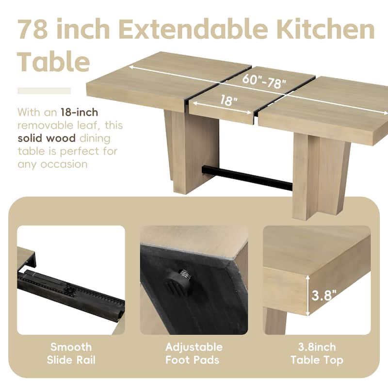 Farmhouse 78.1" Expandable Dining Set‌ – Includes Bench & 4 Upholstered Chairs, 3.8" Thick Tabletop with Trestle Base.