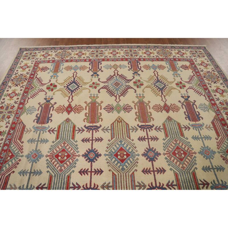Geometric Beige Kazak Oriental Area Rug Hand-Knotted Wool Carpet - 8'2"x 9'9"