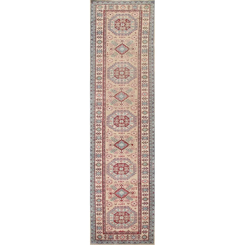 Hand Knotted Oriental 100% Wool Carpet Traditional Geometric Beige & Ivories Kazak Runner Rug - 12' 9'' X 2' 9''