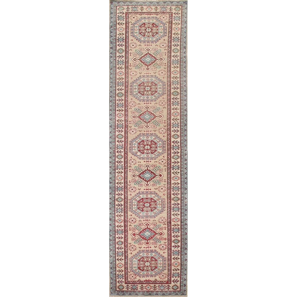 Hand Knotted Oriental 100% Wool Carpet Traditional Geometric Beige & Ivories Kazak Runner Rug - 12' 9'' X 2' 9''