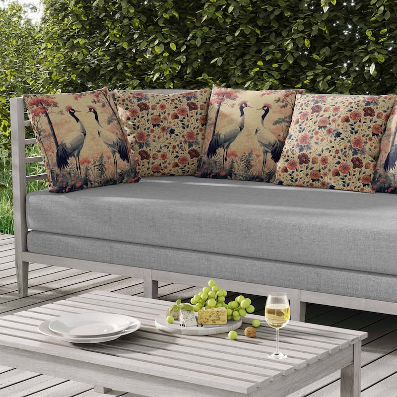 Autumnal Cranes Indoor/Outdoor Reversible Throw Pillow Gray and Red