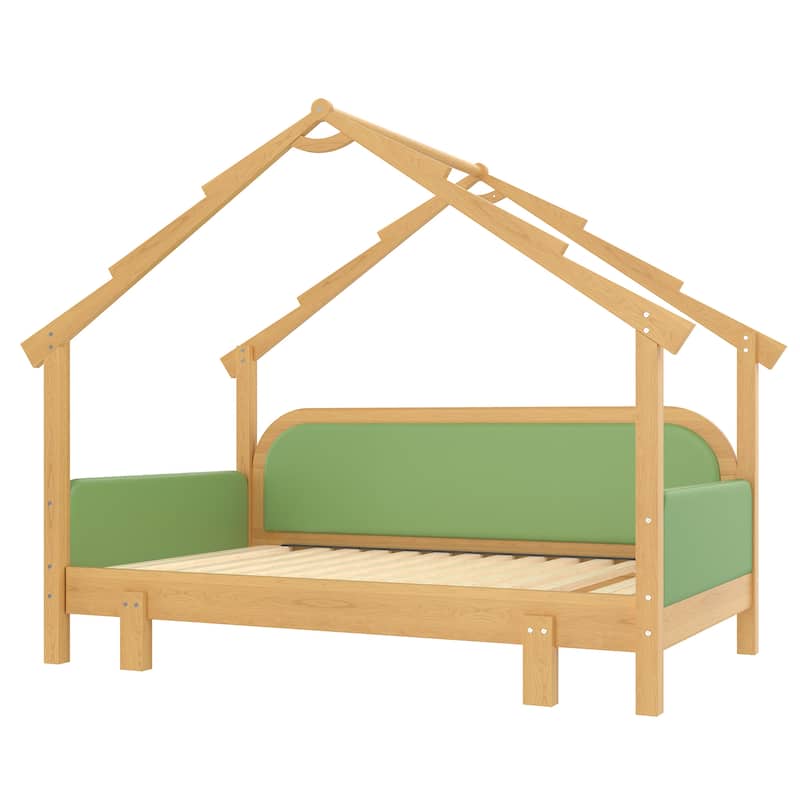 Children's Treehouse Bed Twin Size Solid Wood Kids Bed Frame Adjustable Platform Bed with Padded Safety Rails for Girls, Boys