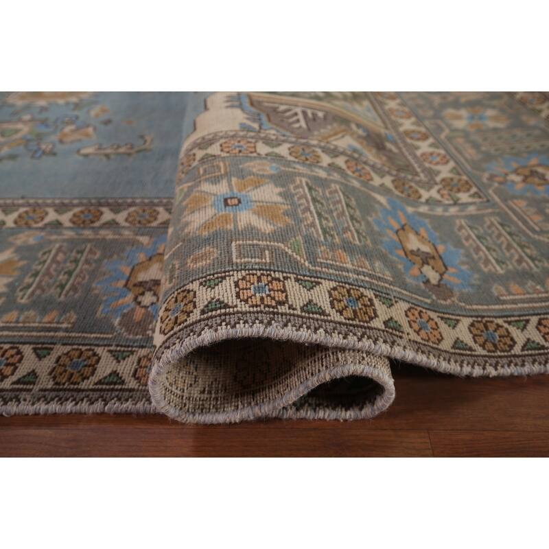 Light Blue Geometric Tabriz Persian Vintage Rug Handmade Wool Carpet - 9'7"x 12'8"
