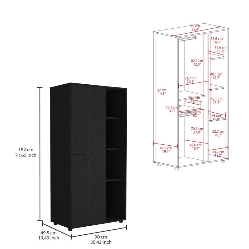 35.4" Modern Double-door Armoire with Hanging Rod, Drawer and Open Shelves for Bedroom