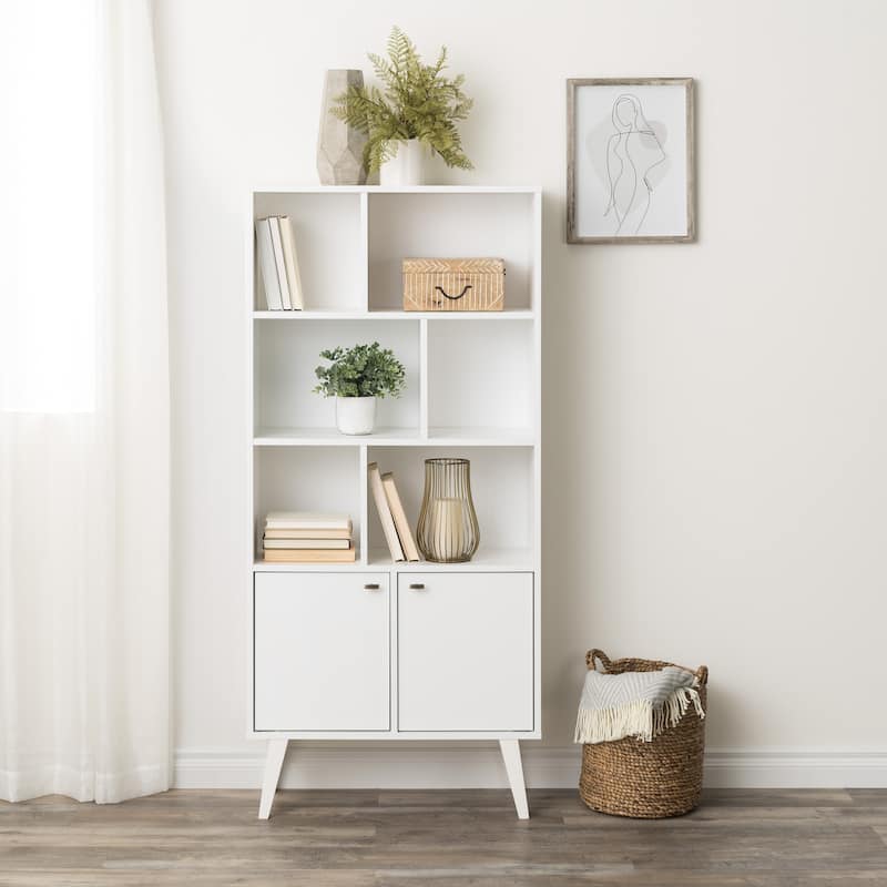 Prepac Milo Mid-Century Modern Bookcase with Six Shelves and Two Doors - 29 in. W x 62.25 in. H x 12 in. D