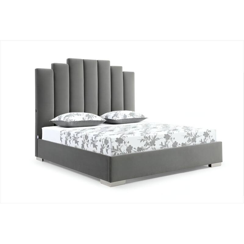 HomeRoots Queen Grey Upholstered Vertical Channel Velvet Bed with USB.