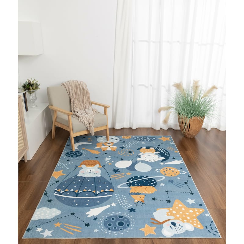 Kids Collection Stars, Planets, & Cheerful Animals Navy Rug