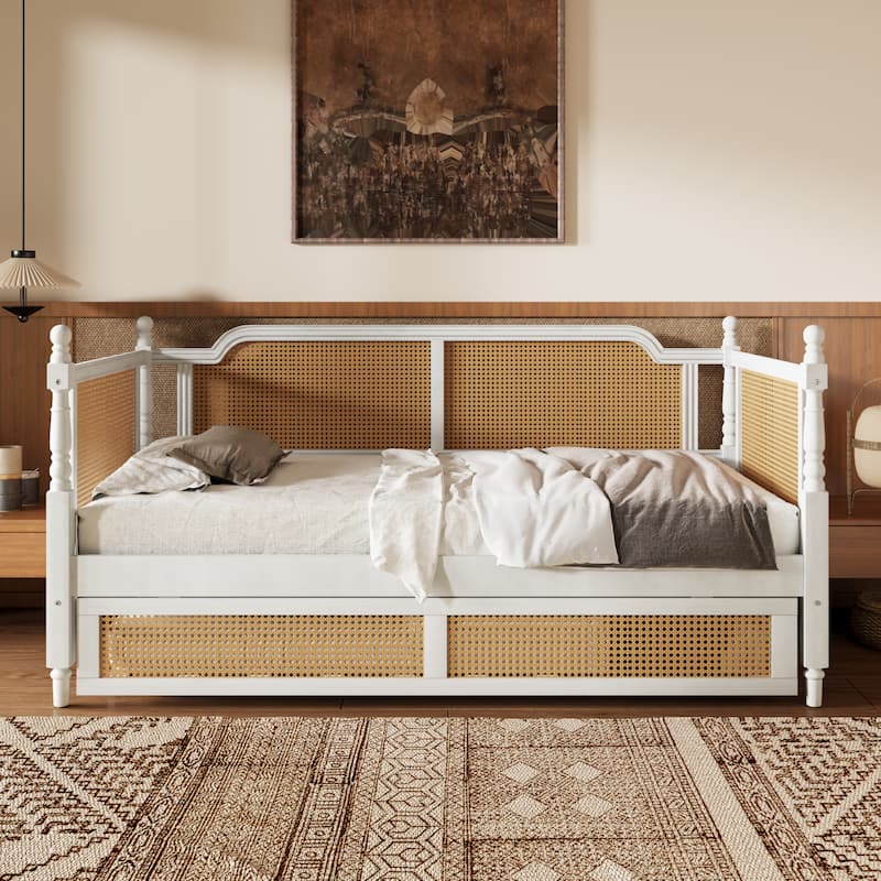 Twin/Full Rattan Bed Frame with Twin Size Trundle & Curved Headboard, Wood Bedframe Daybed for Limited Space, Bedroom Guest Room