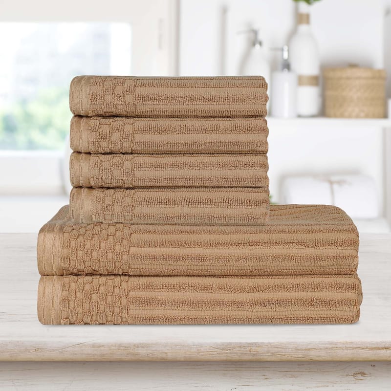 Superior Ribbed Cotton Absorbent Heavyweight Hand Towel and Bath Towel Set - Coffee