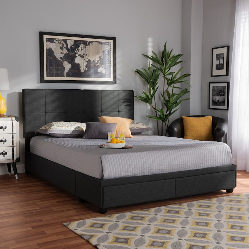 Queen Size Storage Bed with Drawers - Dark Grey Upholstered Platform Bed, Tufted Headboard