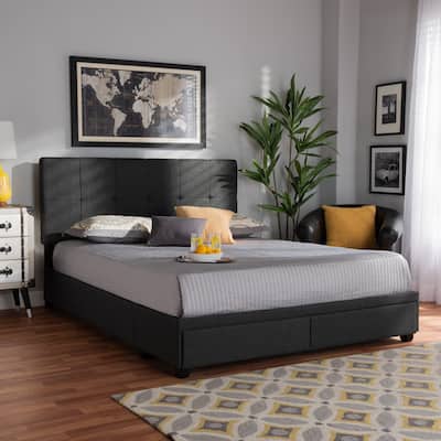 Queen Size Storage Bed with Drawers - Dark Grey Upholstered Platform Bed, Tufted Headboard