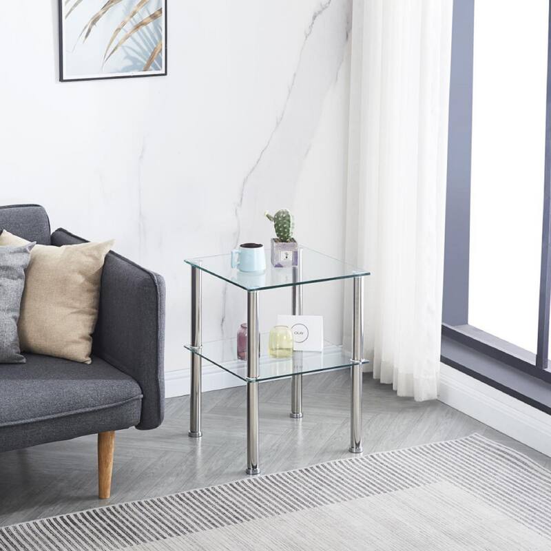 Set of 2 Tempered Glass 2-Tier Side Table with Storage Shelve