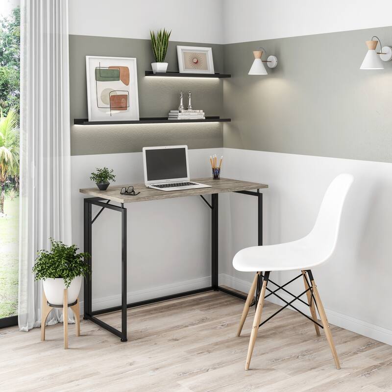 Space-Saving Folding Computer Desk - Convenient, Collapsible Design with Sturdy Steel Legs for Small Rooms - Grey