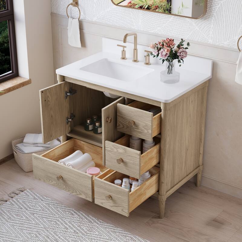 34''H Solid Wood Bathroom Vanity With Carrera White Quartz Top and Sink