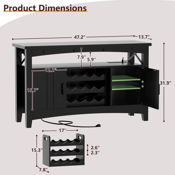 dimension image slide 3 of 5, Farmhouse 47" Wine Bar Cabinet with Power Outlets & LED Lights, Industrial Coffee Bar Liquor Cabinet with Shelves & Wine Rack