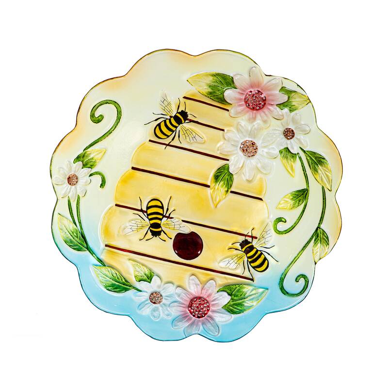 18" Glass Bird Bath, Floral Beehouse