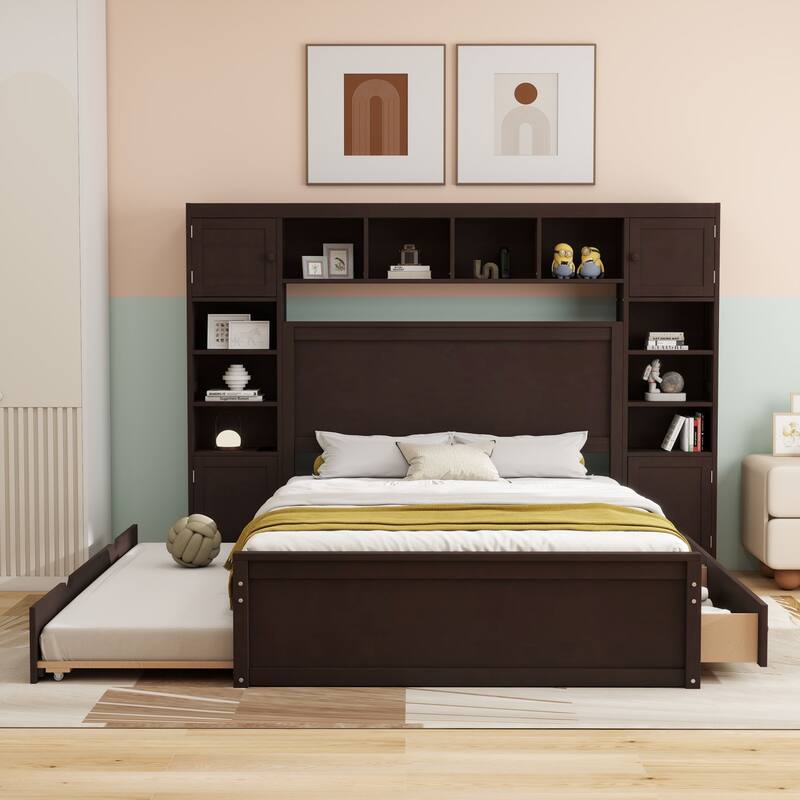 Modern Platform Bed with Integrated Cabinet and Drawers