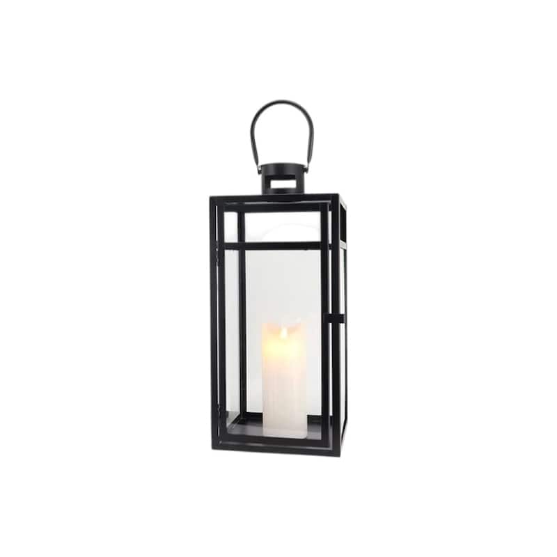 Set of Three Clear And Black Glass And Stainless Steel Tabletop Lantern Candle Holders