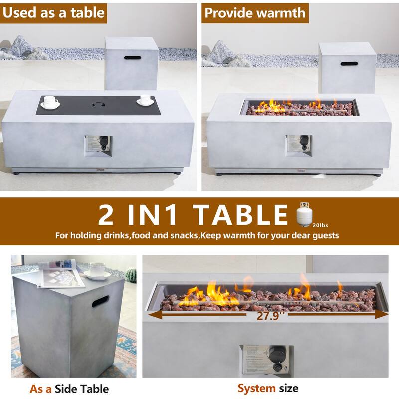 Outdoor Terrafab Composite Fire Pit Table & Propane Tank Side Table Set with Rain Cover