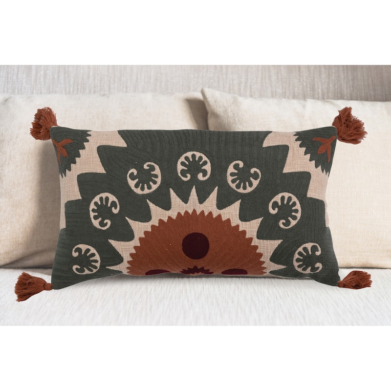 Cotton Lumbar Pillow with Suzani Embroidery and Tassels