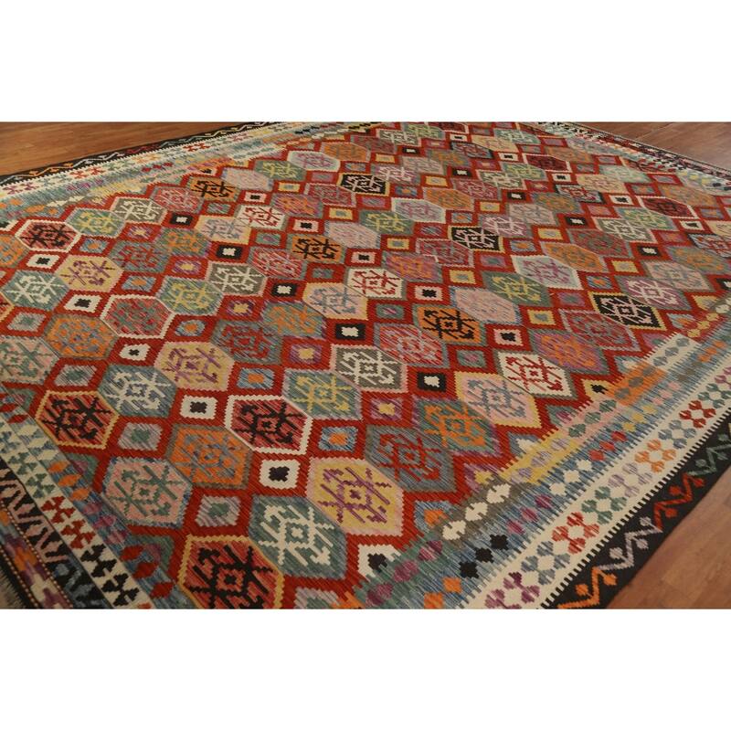 Geometric Kilim Oriental Area Rug Reversible Flatweave Wool Carpet - 10'3"x 13'0"