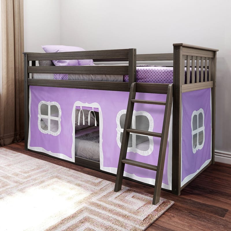 Max and Lily Twin over Twin Low Bunk with Curtains - Clay with Purple/White Curtain