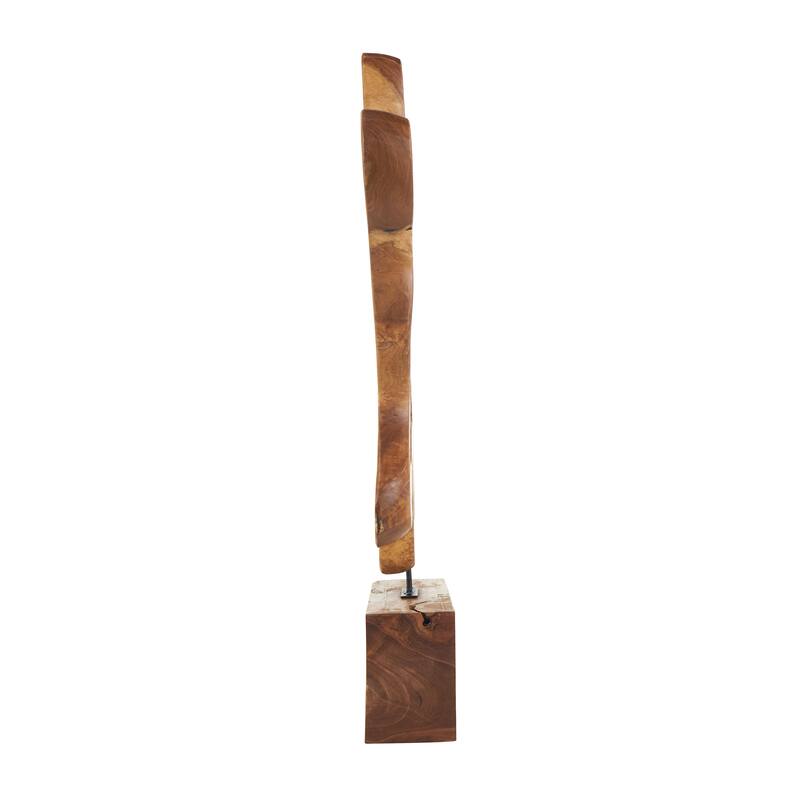 Brown Teak Wood Cutout Abstract Decorative Sculpture with Block Base
