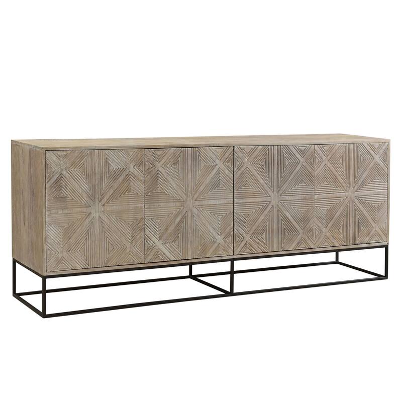 Zion 84" Mango Wood Carved 4-Door Sideboard with Iron Base