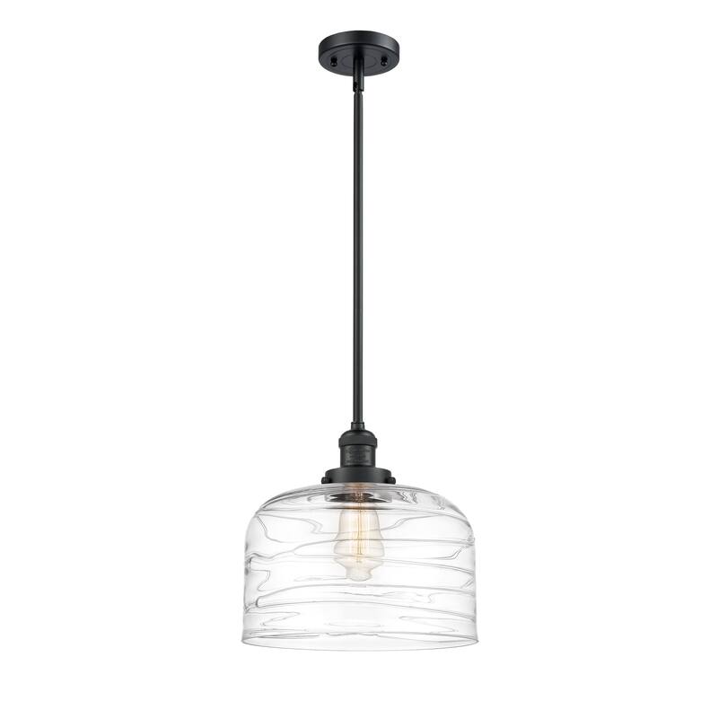 Innovations Lighting Franklin Restoration Bell - 1 Light 12" Stem Hung Mini Pendant - Matte Black/Clear Deco Swirl