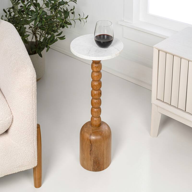 Turner 24.5" Designer Cottage Spindle Wood Drink & End Table, White Marble Top, By JONATHAN Y