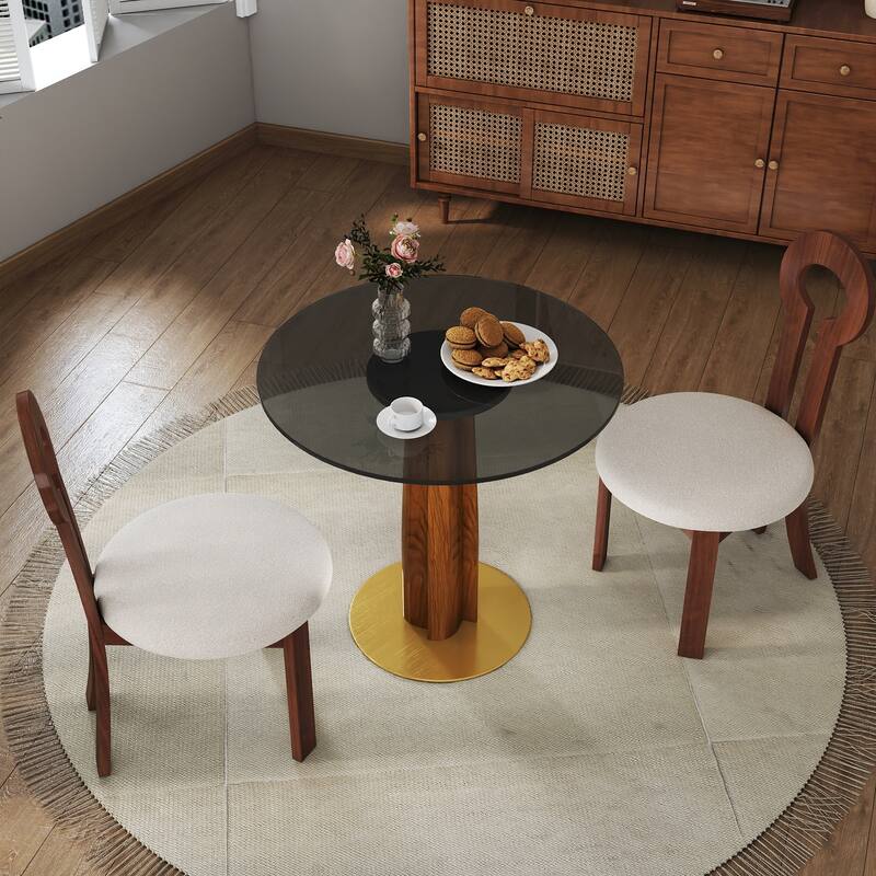 Modern Round Dining Table, 33.5" Tempered Glass Table with Wooden Leg & Gold Base, 2 - Person Kitchen Table for Small Space