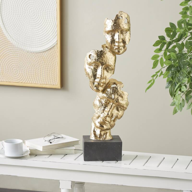 Polystone Mask Stacked Face Cutout Decorative Sculpture with Black Block Base - Gold - Roche River Decor