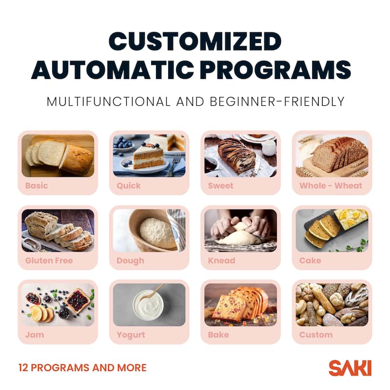 Saki Bread Maker with Non-stick Ceramic Bread Pan, Stainless Steel, 12-in-1 Programmable - 3lb