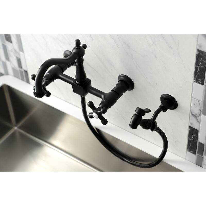 Kingston Brass Heritage Wall Mount Bridge Kitchen Faucet with Brass Sprayer