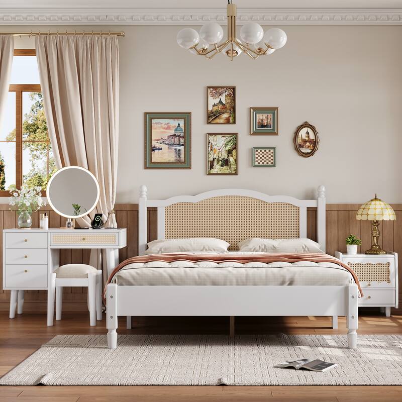 Wooden Platform Bed with Rattan Headboard Curved Wingback Bed Vintage Bed Frame Wood Slat Support Bed with Underbed Storage