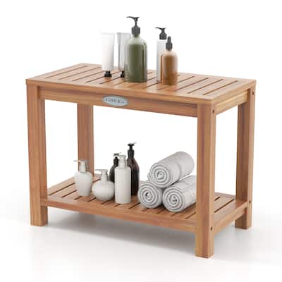 Gymax 24 Inch Teak Wood Shower Bench Inside Shower Stool w/ Storage