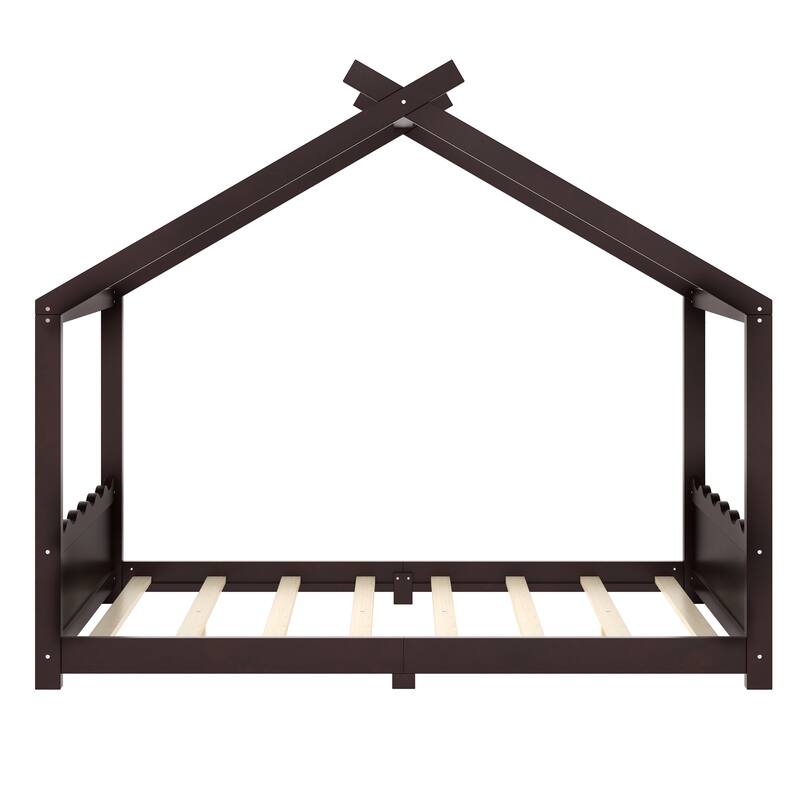 Full House Floor Bed with Support Slats, Solid Wood House Bed Frame for Kids, No Box Spring Needed