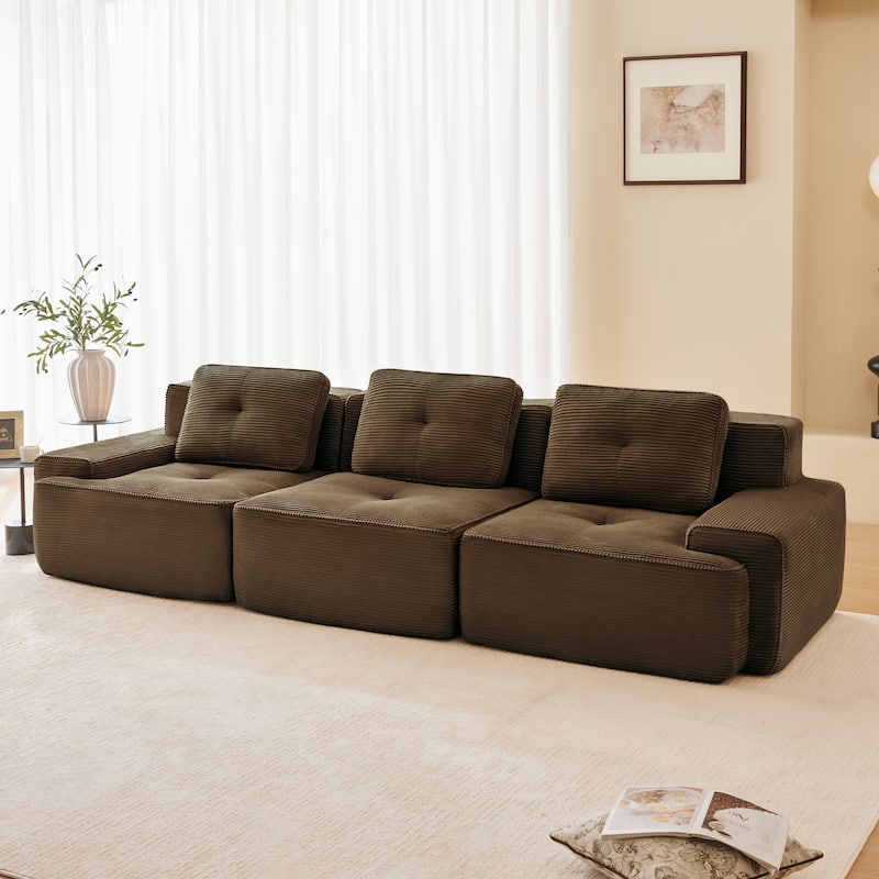 Roomfitters No Assembly Modular Sofa, 117 Inch Corduroy 3-Seater with Piping, Brown - Brown 117"