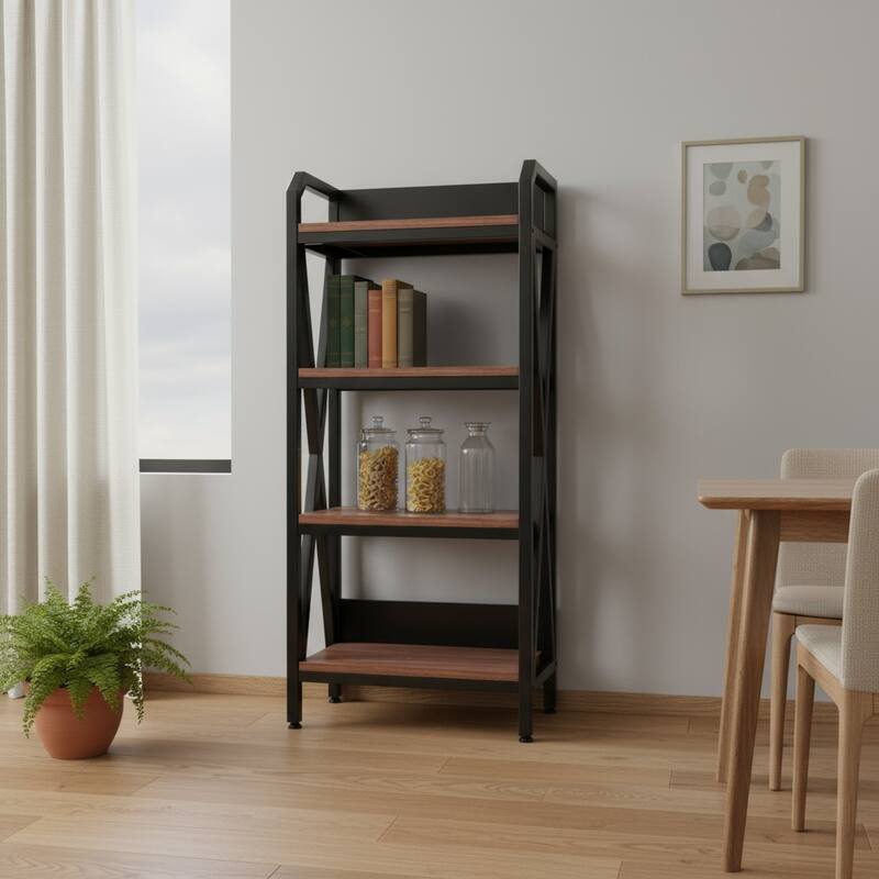 HomeRoots 56" Black And Brown Metal and Wood Four Tier Etagere Bookcase - Brown/Black