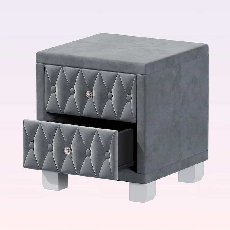 Nightstand with 2 Drawers,Crystal Handles,and Button-Tufted Design,for Bedroom Decor