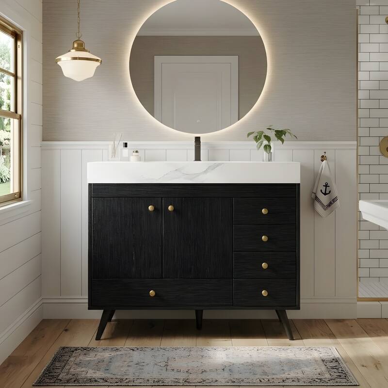 36" Freestanding Bathroom Vanity with Faux Marble Top, Ceramic Sink, 5 Drawers & Stainless Steel Legs