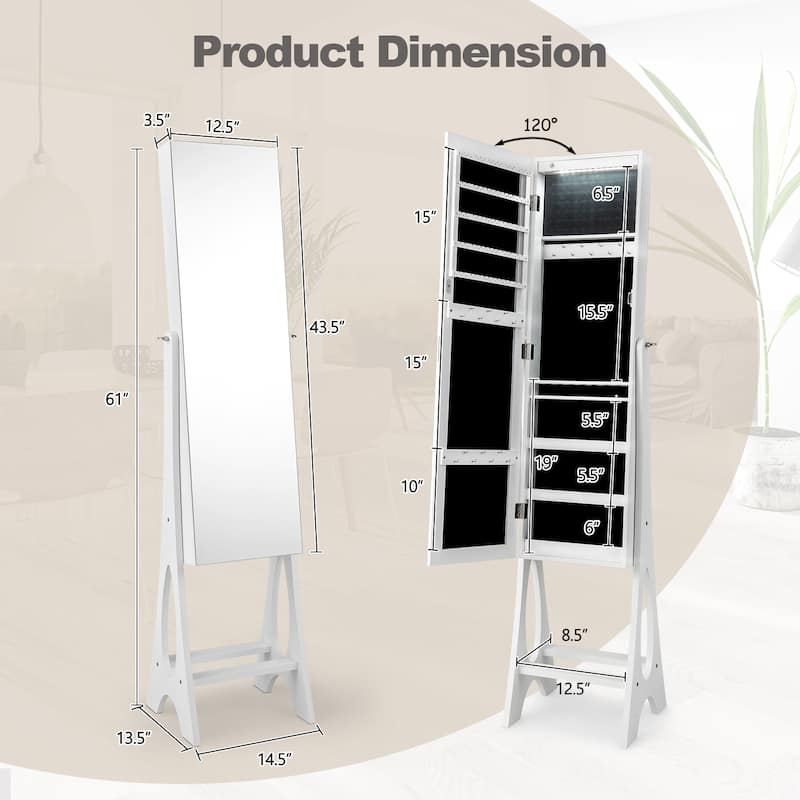 Freestanding Jewelry Cabinet Armoire Organizer with 5 Lined Shelves and Full Size Mirror - 14.5" x 13.5" x 61" (L x W x H)